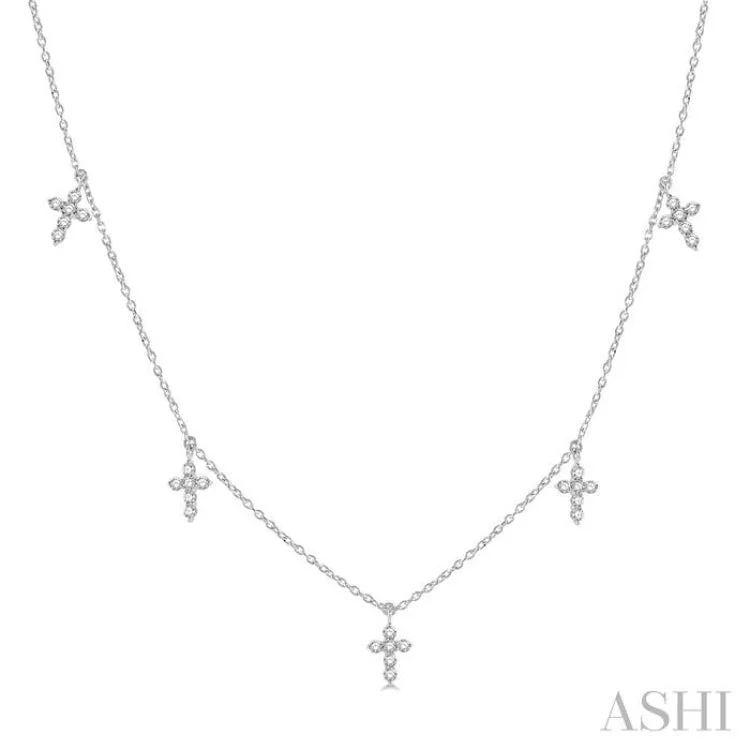 Ladies trendy necklaces-1/3 Ctw Cross Charm Round Cut Diamond Station Necklace in 14K White Gold