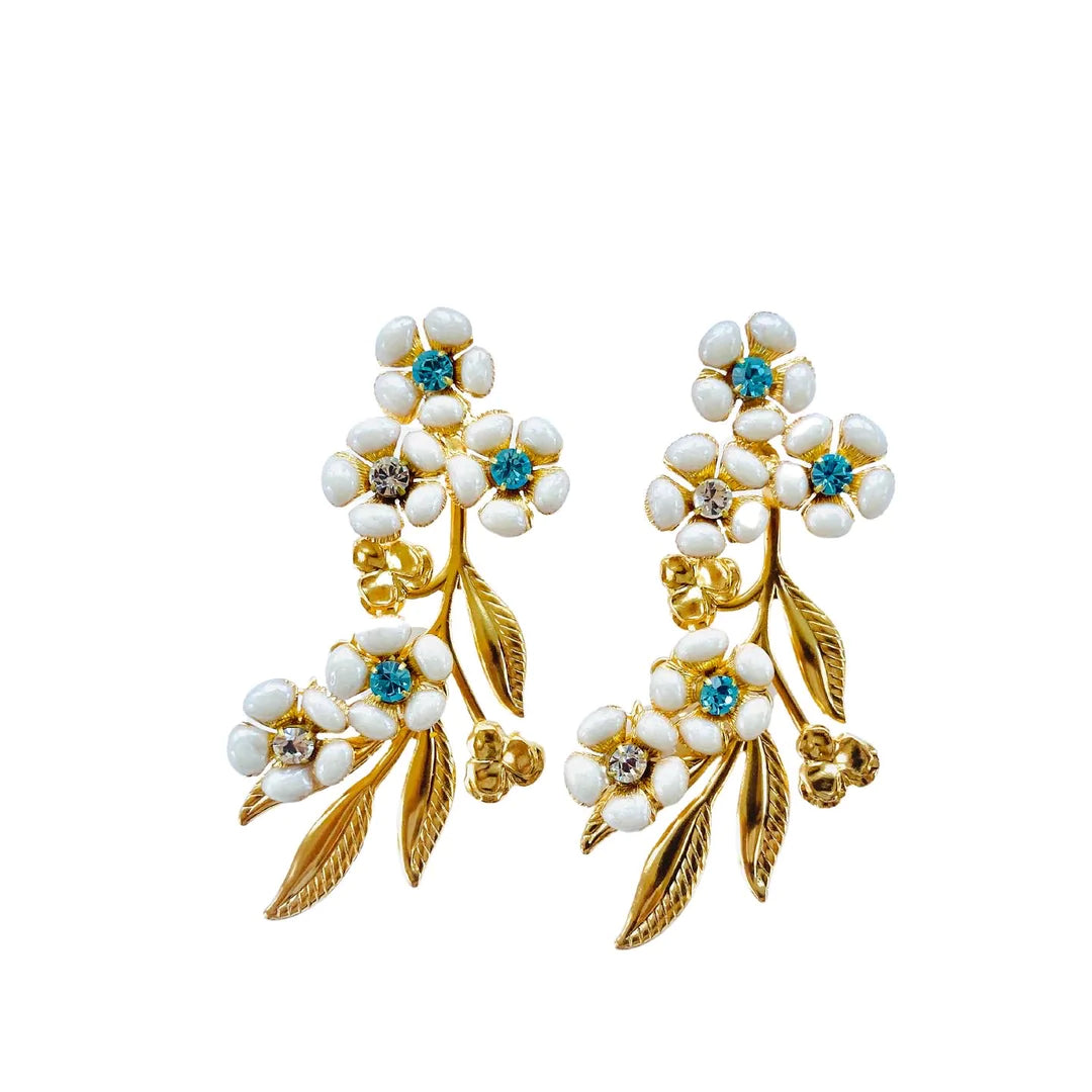 Ladies small stud earrings-Falling White Turquoise Florals