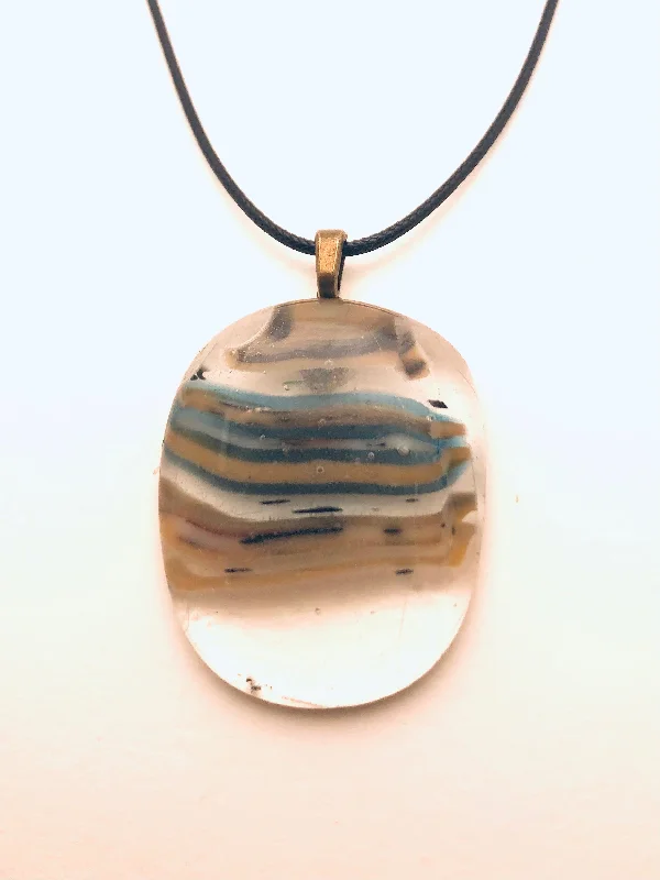 Ladies sterling silver charm necklaces-Necklace with fused Glass Pendant, large Pendant, oval, clear with stripes