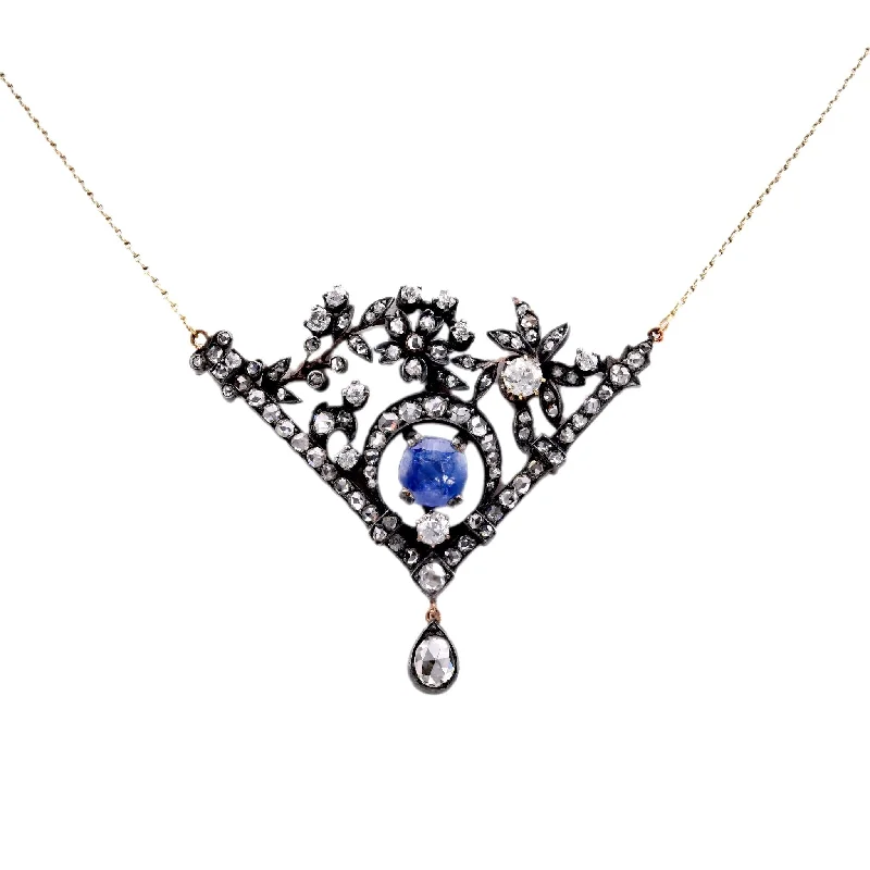 Ladies engraved necklaces-Antique Style  4 Carat Sapphire Diamond 18K Yellow Gold Silver Necklace