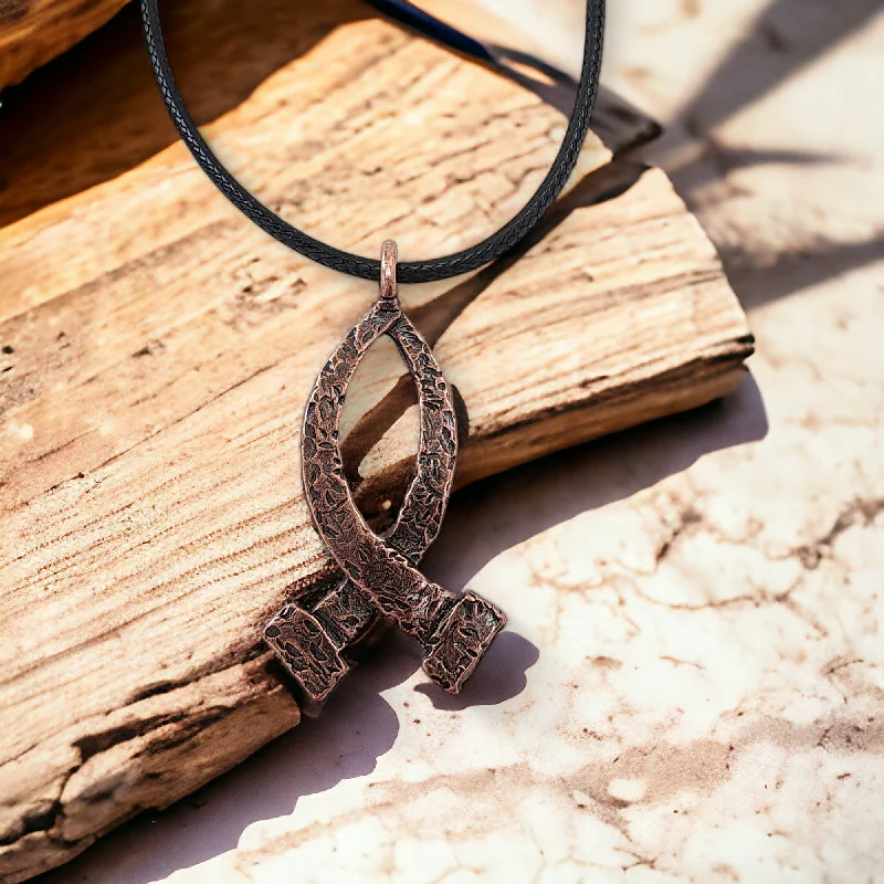 Ladies elegant necklaces-Ichthus Fish Hammered Nails Large Copper Finish Black Cord Necklace