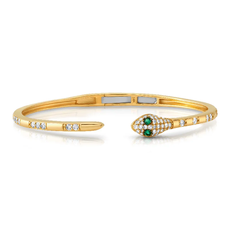 Emerald eye snake bangle, 14kt gold