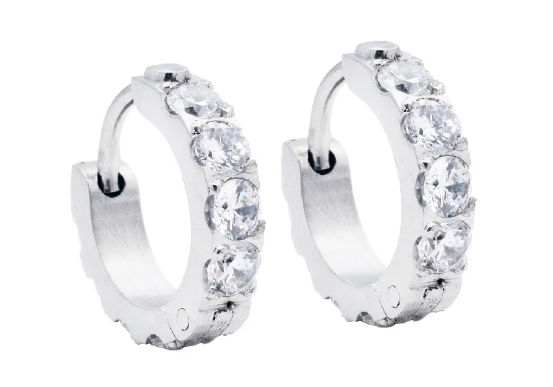 Ladies gemstone earrings-Men's Stainless Steel Hoop Earrings With Cubic Zirconia