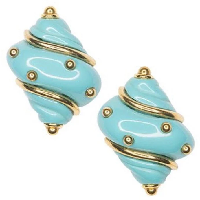 Ladies silver hoop drop earrings-Turquoise dot shell