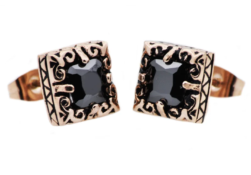 Ladies diamond drop earrings-Mens 10mm Rose Stainless Steel Stud Earrings With Black Cubic Zirconia