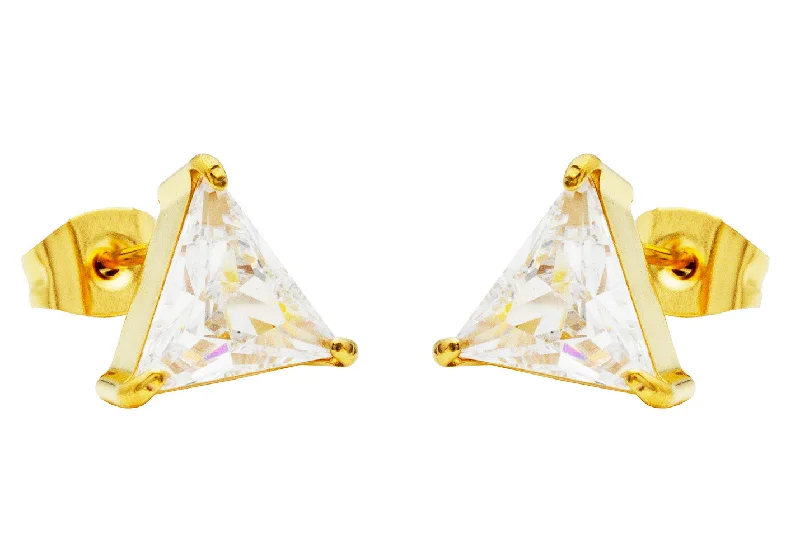 Ladies large stud earrings-Mens 10mm Cubic Zirconia Gold Plated Stainless Steel Triangle Stud Earrings