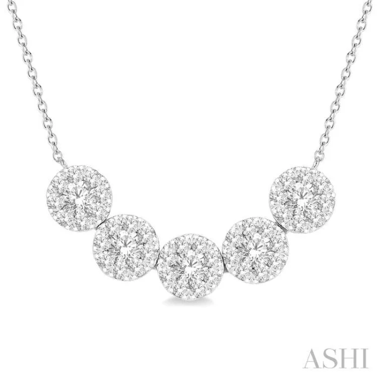 Ladies twisted chain necklaces-1 ctw 5-Stone Circular Mount Lovebright Round Cut Diamond Necklace in 14K White Gold