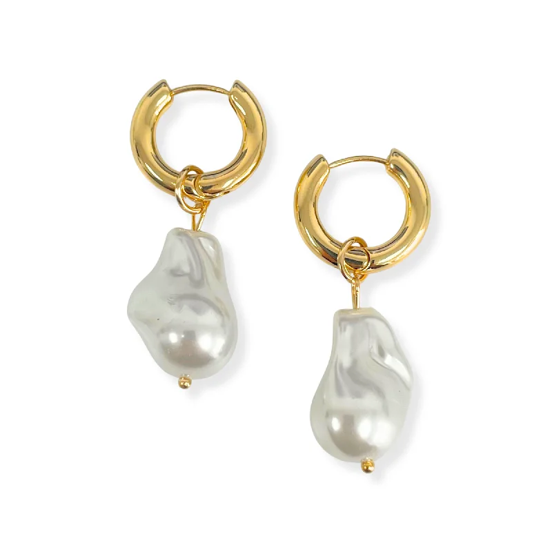 Ladies sapphire earrings-Baroque Pearl Hoop Earring