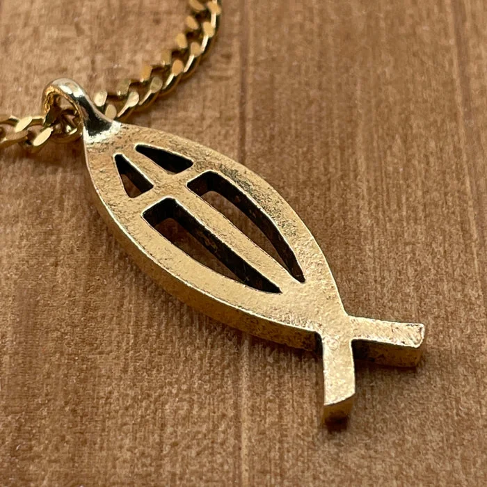 Ladies dainty necklaces-Cross Ichthus Fish Gold Finish Pendant Gold Stainless Steel Chain Necklace