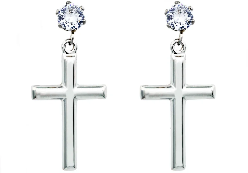 Ladies 18k gold earrings-Mens Polished Stainless Steel Cross Earrings with Cubic Zirconia