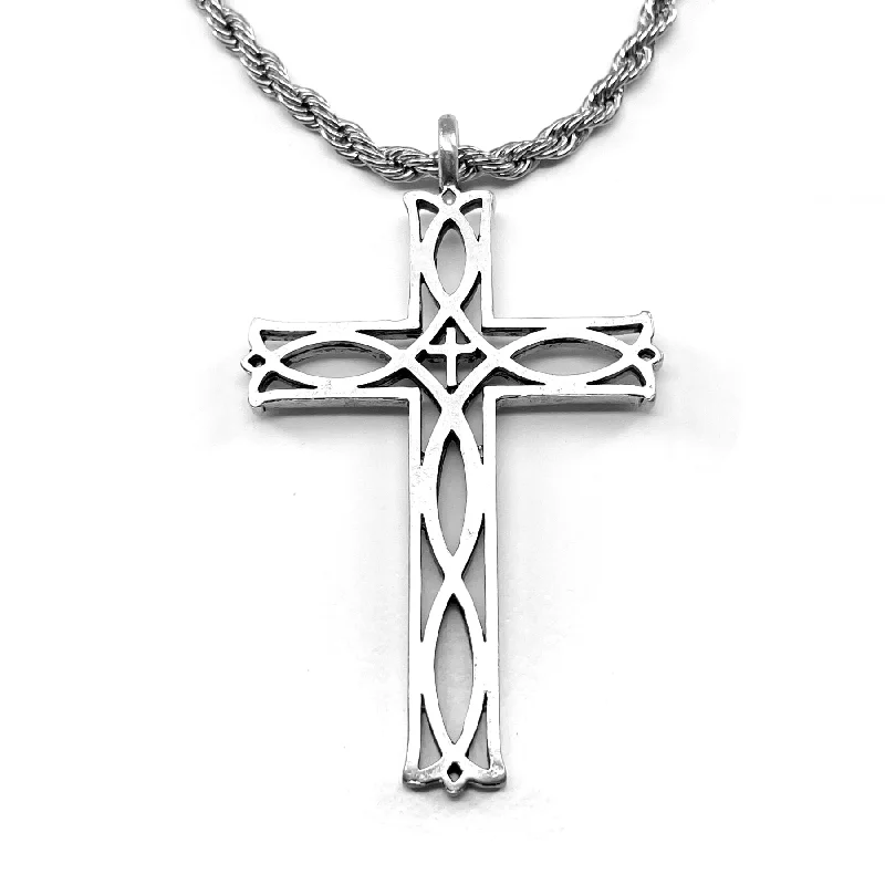 Ladies silver necklaces-Cross Ichthus Fish Antique Silver Necklace Rope Chain