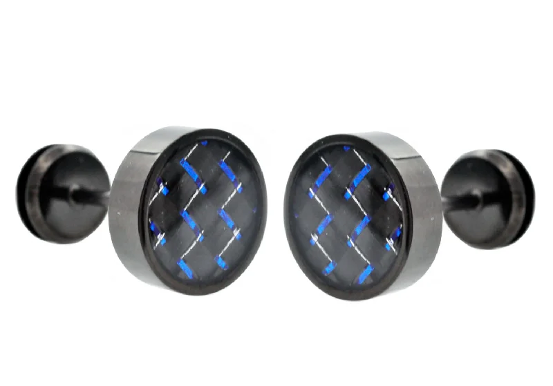 Ladies enamel earrings-Mens 9mm Black Plated Stainless Steel Earrings With Blue Carbon Fiber