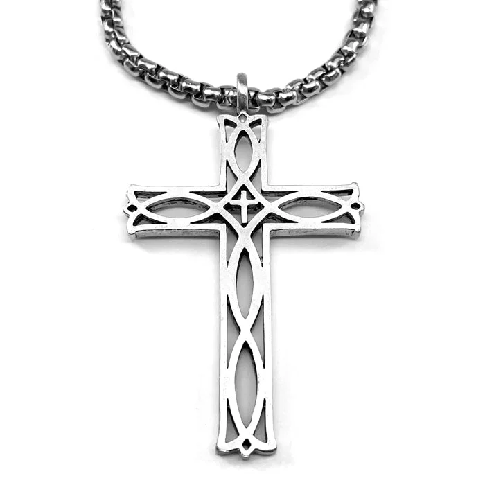 Ladies fashion necklaces-Cross Ichthus Fish Antique Silver Necklace Heavy Chain