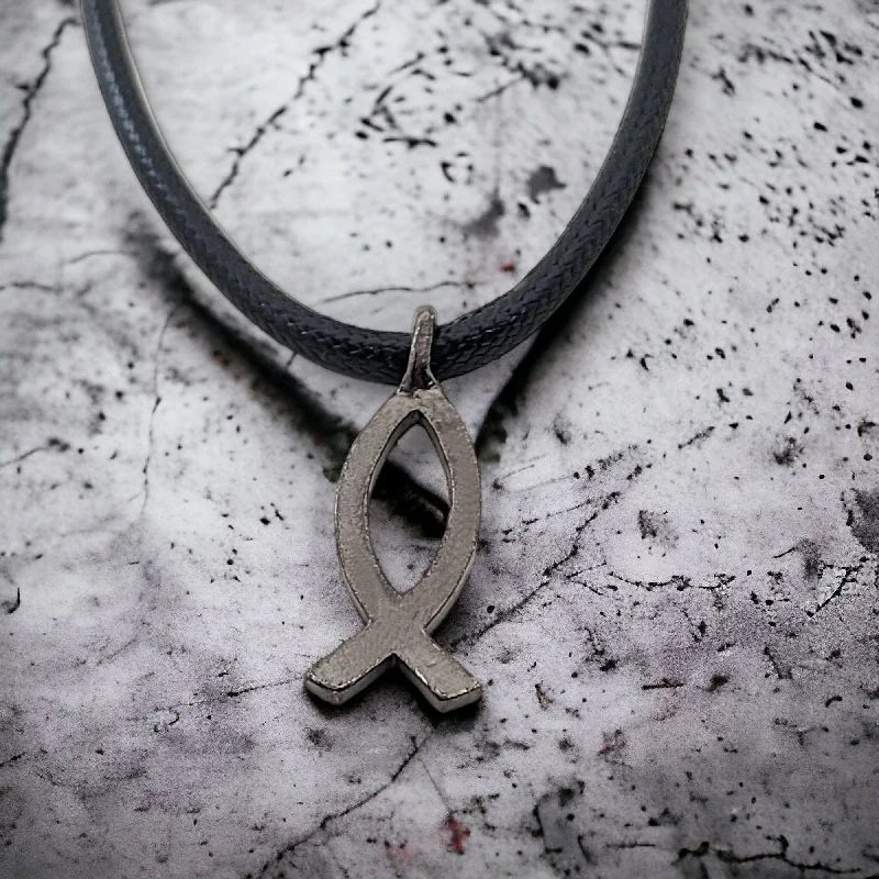 Ladies cross necklaces-Jesus Ichthus Small Fish Gunmetal Finish Necklace