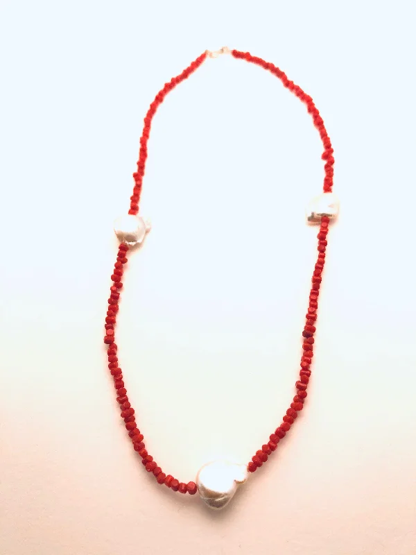 Ladies cross necklaces-Meditteranean Coral and Baroque Fresh Water Pearls