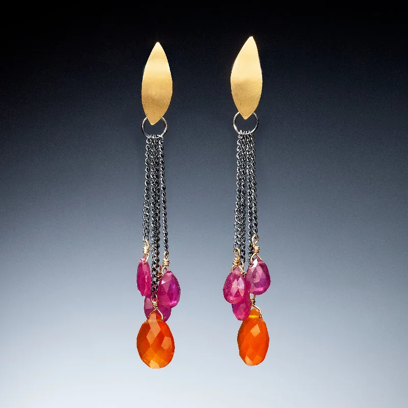 Ladies boho style earrings-Gold Earrings with Pink and Orange Drops