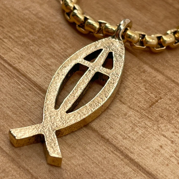 Ladies family tree necklaces-Cross Ichthus Fish Gold Finish Pendant Gold Heavy Chain Necklace