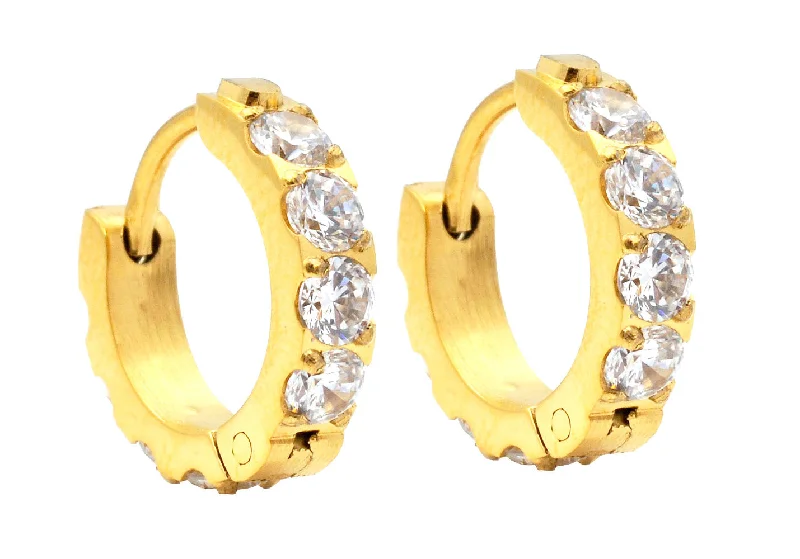 Ladies silver hoop earrings-Men's Gold Stainless Steel Hoop Earrings With Cubic Zirconia