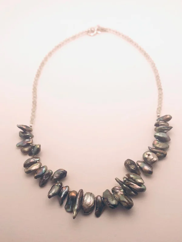 Ladies layered necklaces-Olive Blister Pearl, Green Amethyst, Hill Tribe Silver Necklace