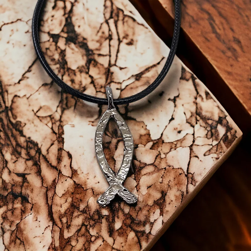 Ladies white gold necklaces-Ichthus Fish Hammered Dark Metal Finish Black Cord Necklace