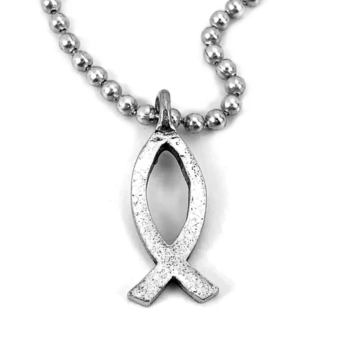 Ladies love necklaces-Jesus Ichthus Small Fish Ball Chain Necklace Antique Silver Finish