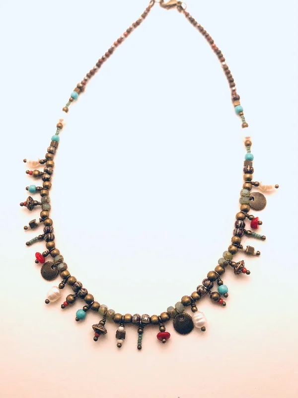 Ladies friendship necklaces-Mixed Metal Necklace with Pearls, Coral and Czech Glass