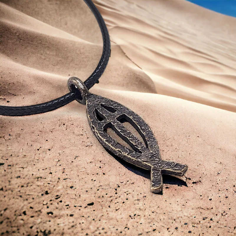 Ladies twisted necklaces-Ichthus Fish Cross Hammered Antique Brass Finish Black Cord Necklace