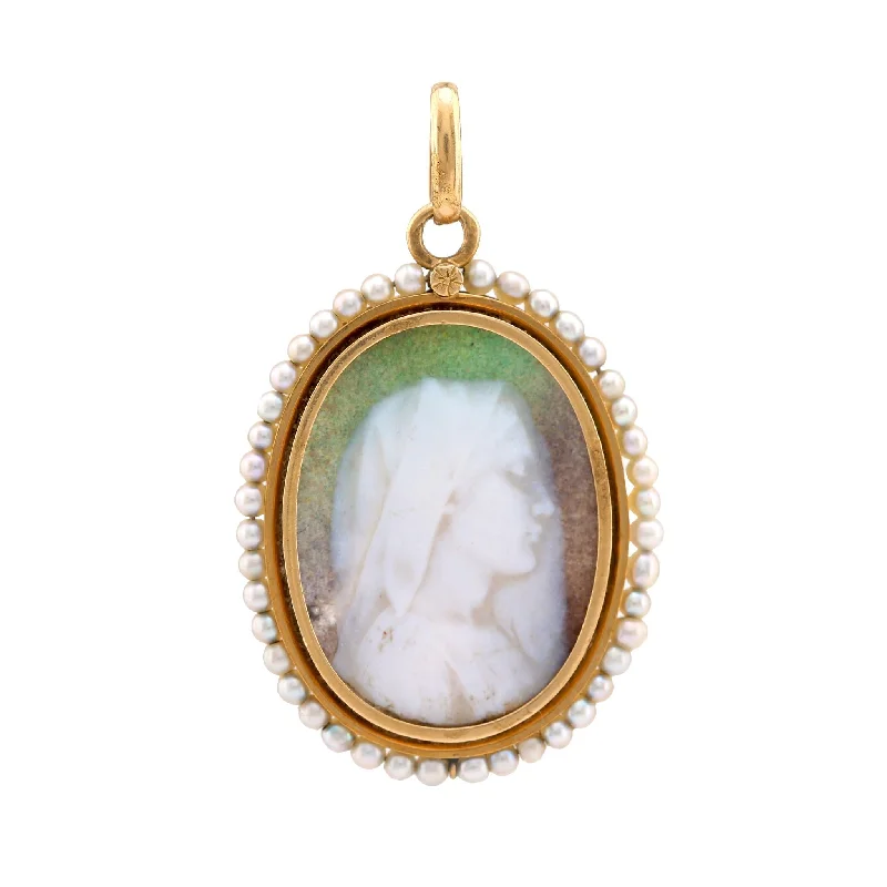 Ladies yellow gold necklaces-Antique Pearl 18K Yellow Gold Cameo Pendant