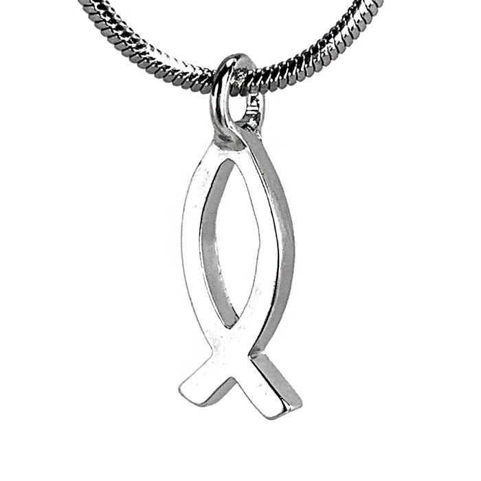 Ladies pearl drop necklaces-Jesus Ichthus Small Fish Rhodium Finish Snake Chain Necklace