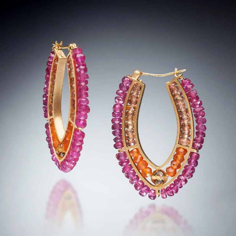 Ladies ear cuffs-Gemstone double Hoop Earrings (gold red)