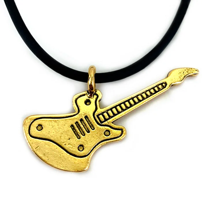 Ladies monogram necklaces-Electric Guitar Antique Gold Pewter Necklace