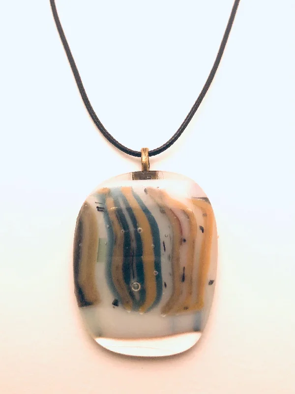 Ladies gold lock necklaces-Necklace with fused Glass Pendant, large Pendant, clear/white with stripes