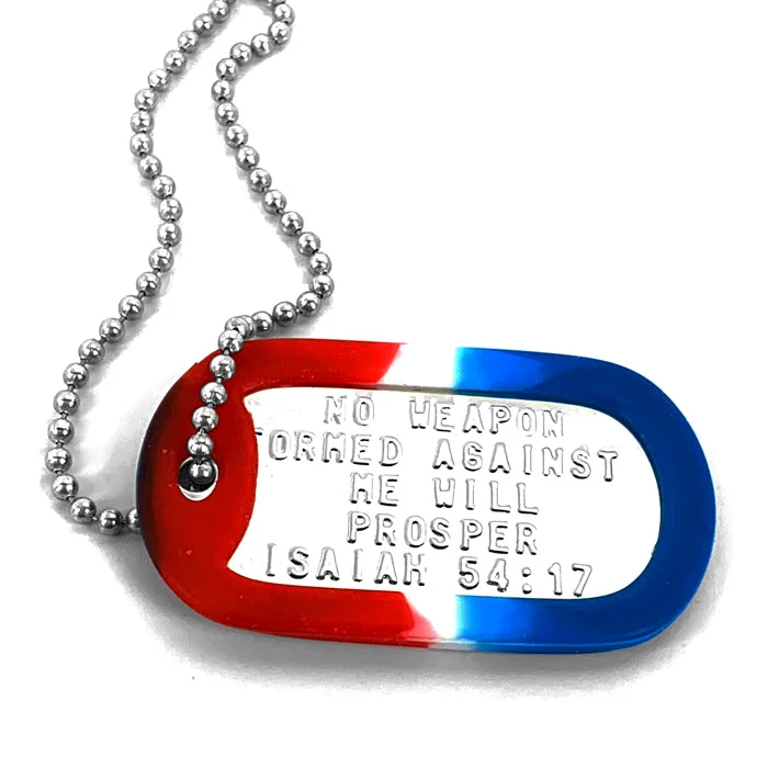 Ladies antique necklaces-Nothing Formed Against Me Will Prosper Dog Tag Silencer Red White Blue Necklace