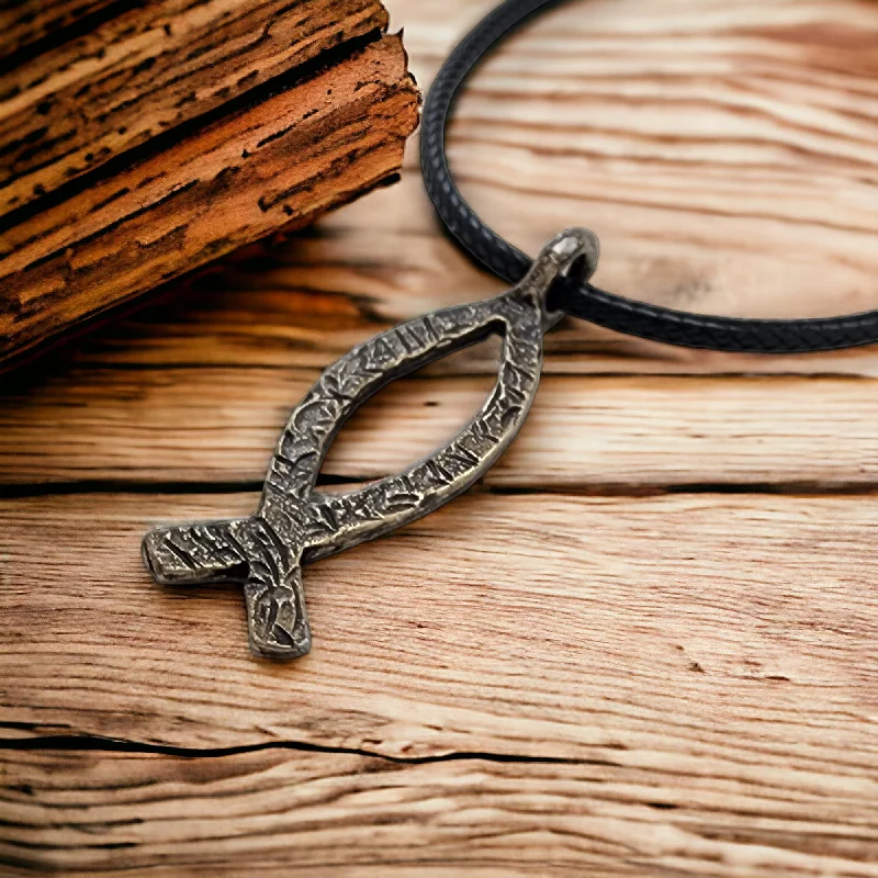 Ladies lock and key necklaces-Ichthus Fish Hammered Antique Brass Finish Black Cord Necklace