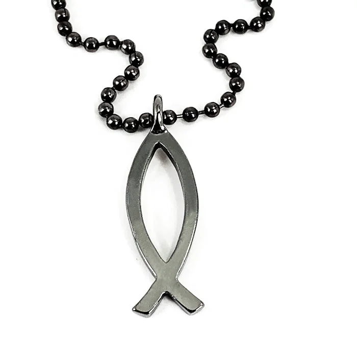 Ladies pendant necklaces with diamonds-Ichthus Fish Gunmetal Finish Ball Chain Necklace