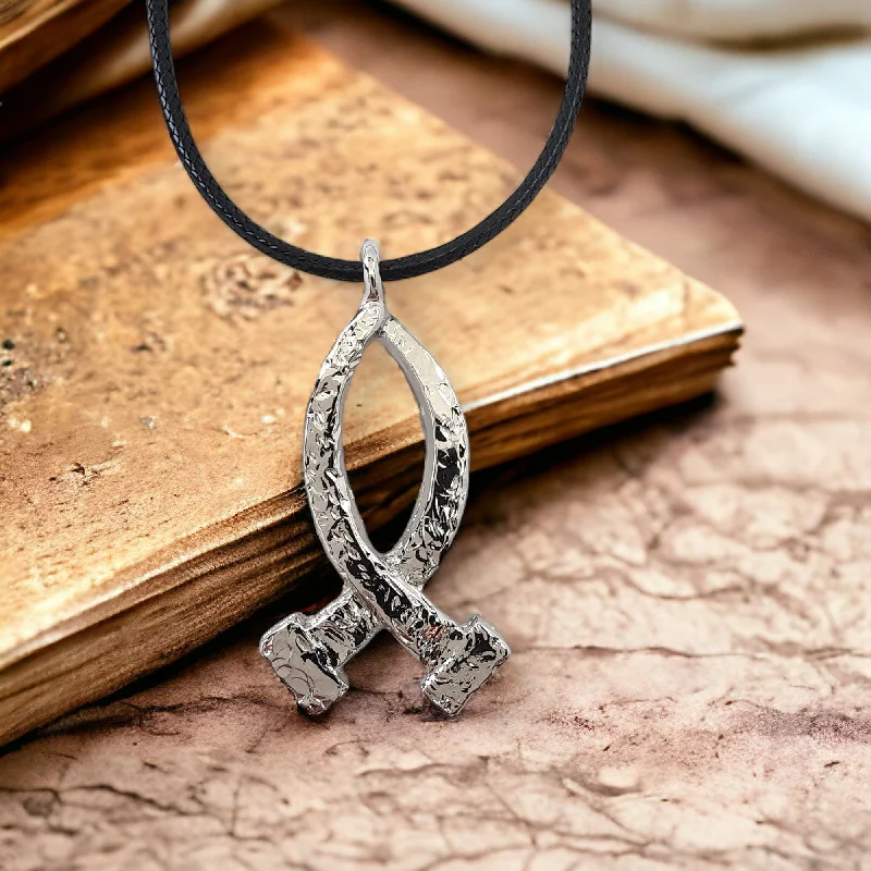 Ladies vintage necklaces-Ichthus Rhodium Finish Fish Hammered Nails Large Black Cord Necklace