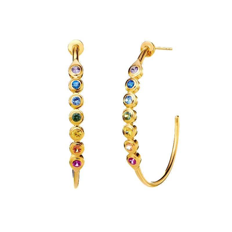 Ladies gold dangle earrings-Rainbow Sapphire Hoops