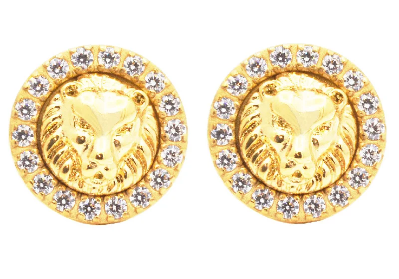 Ladies sapphire earrings-Mens Lion's Head Gold Stainless Steel Earrings With Cubic Zirconia