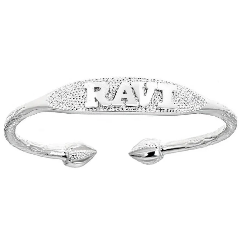 Personalized 925 Sterling Silver Custom Name Plate Thick West Indian Bangle with Cocoa Pod Ends, 1 piece