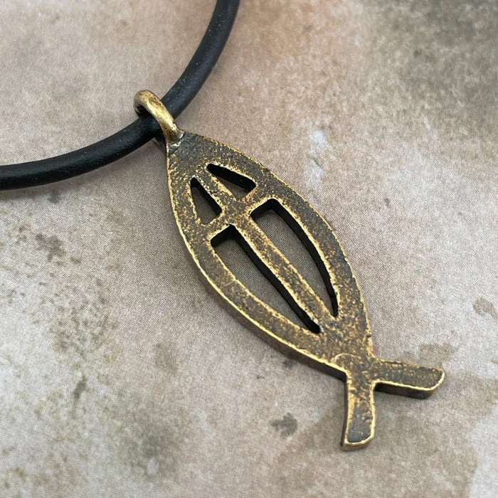 Ladies gemstone drop necklaces-Cross Ichthus Jesus Fish Antique Brass Finish Black Cord Necklace