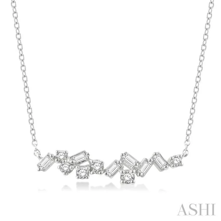 Ladies diamond pendant necklaces-1/3 Ctw Baguette and Round Cut Diamond Scatter Necklace in 14K White Gold