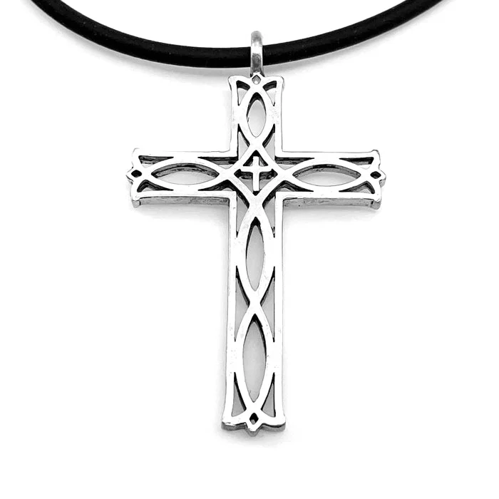 Ladies ruby necklaces-Cross Ichthus Fish Antique Silver Necklace