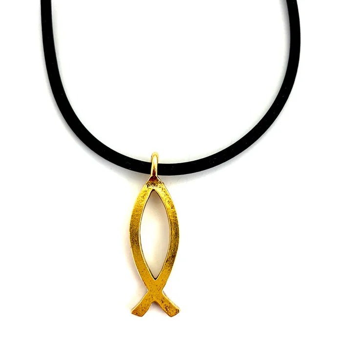 Ladies heart-shaped necklaces-Ichthus Jesus Fish Gold Metal Necklace