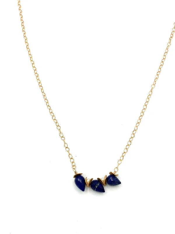 Ladies simple gold necklaces-Signature Lapis Buds with Fresh Water Pearl Gold Necklace