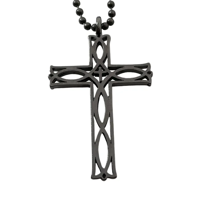 Ladies custom necklaces-Cross Ichthus Fish Dark Metal Finish Pendant Dark Finish Ball Chain Necklace