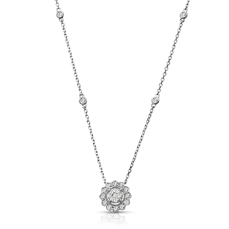 Ladies gold chain necklaces-Milgrain 0.33 ctw Diamond Halo Cluster Necklace Pendant