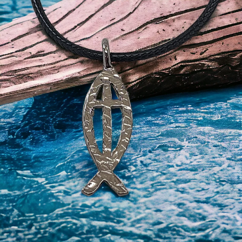 Ladies classic necklaces-Ichthus Fish Cross Hammered Dark Metal Finish Black Cord Necklace