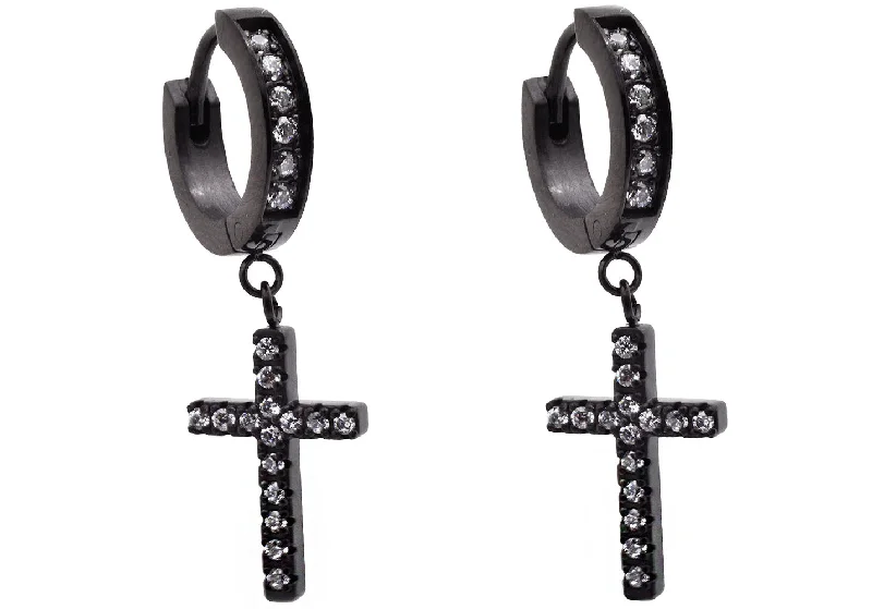 Ladies tribal earrings-Mens Black Plated Stainless Steel Hoop Cross Earrings With Cubic Zirconia