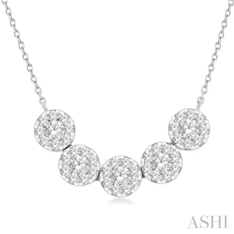 Ladies emerald necklaces-3/4 ctw 5-Stone Circular Mount Lovebright Round Cut Diamond Necklace in 14K White Gold