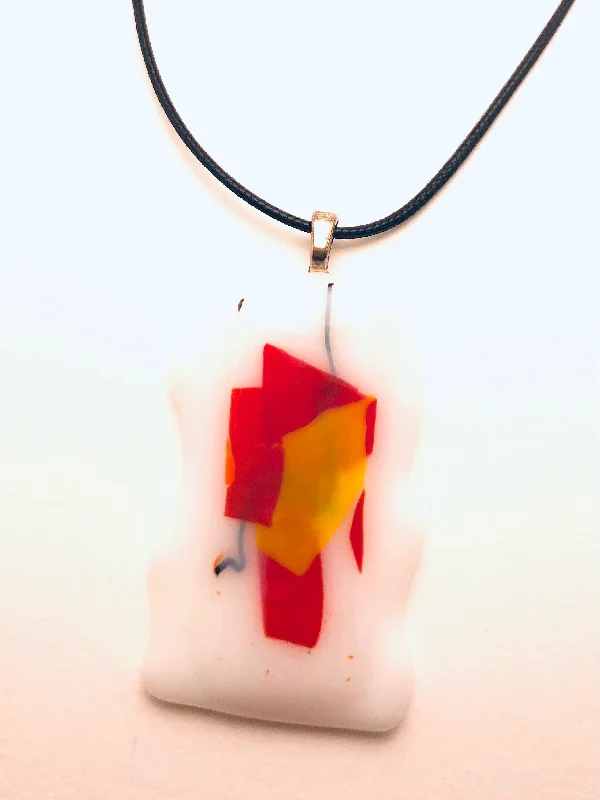 Ladies diamond necklaces-Necklace with fused Glass Pendant, large Pendant, white with red and yellow